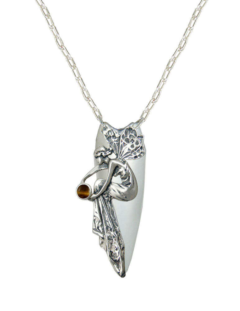 Sterling Silver Full Bodied Fairy Aromatherapy Pendant Necklace With Tiger Eye